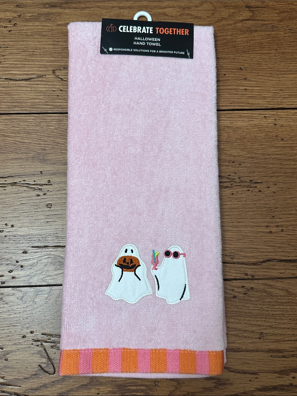 Pink Ghost Embroidered Hand Towel with Striped Trim